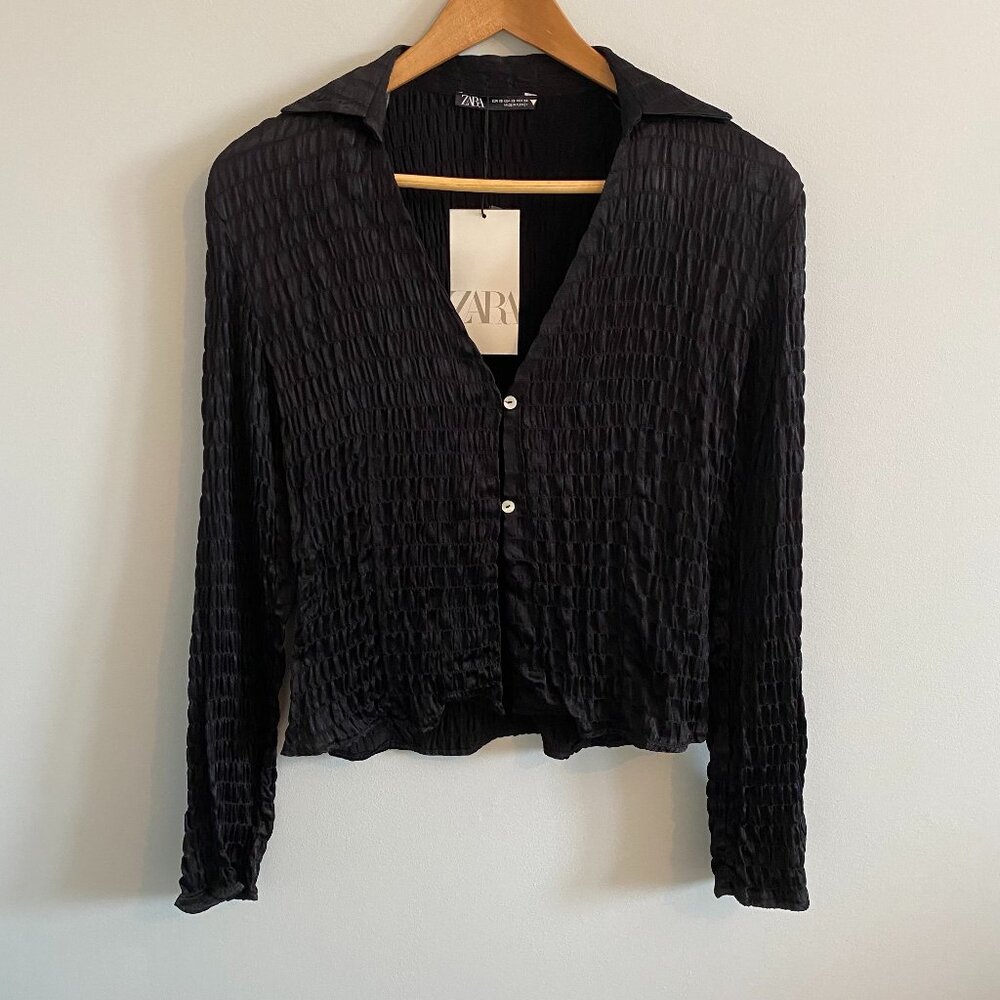 ZARA black textured satin effect top with white buttons, v-neck, pointed collar